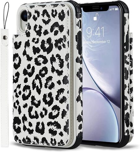 iCoverCase متوافق مع حافظة محفظة iPhone XR مع حامل البطاقة وحزام المعصم، فتحات بطاقة RFID المانعة للبطاقات من جلد البولي يوريثان حافظة هاتف واقية (رمادي ليوبارد) in Kuwait