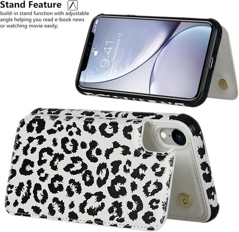iCoverCase متوافق مع حافظة محفظة iPhone XR مع حامل البطاقة وحزام المعصم، فتحات بطاقة RFID المانعة للبطاقات من جلد البولي يوريثان حافظة هاتف واقية (رمادي ليوبارد) in Kuwait