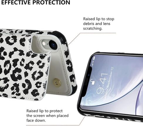 iCoverCase متوافق مع حافظة محفظة iPhone XR مع حامل البطاقة وحزام المعصم، فتحات بطاقة RFID المانعة للبطاقات من جلد البولي يوريثان حافظة هاتف واقية (رمادي ليوبارد) in Kuwait