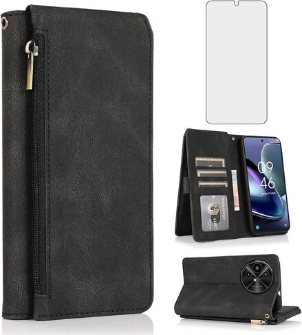 Asuwish Compatible with TCL 50XL 5G 2024 Wallet Case Tempered Glass Screen Protector and Zipper Wrist Strap Retro Leather Flip Cover Card Holder Stand Cell Accessories for TCL50 50 XL Women Men Black in Saudi Arabia