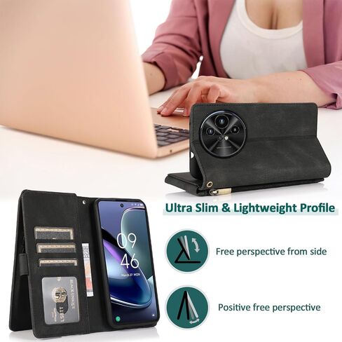Asuwish Compatible with TCL 50XL 5G 2024 Wallet Case Tempered Glass Screen Protector and Zipper Wrist Strap Retro Leather Flip Cover Card Holder Stand Cell Accessories for TCL50 50 XL Women Men Black in Saudi Arabia