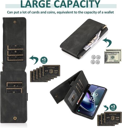 Asuwish Compatible with TCL 50XL 5G 2024 Wallet Case Tempered Glass Screen Protector and Zipper Wrist Strap Retro Leather Flip Cover Card Holder Stand Cell Accessories for TCL50 50 XL Women Men Black in Saudi Arabia