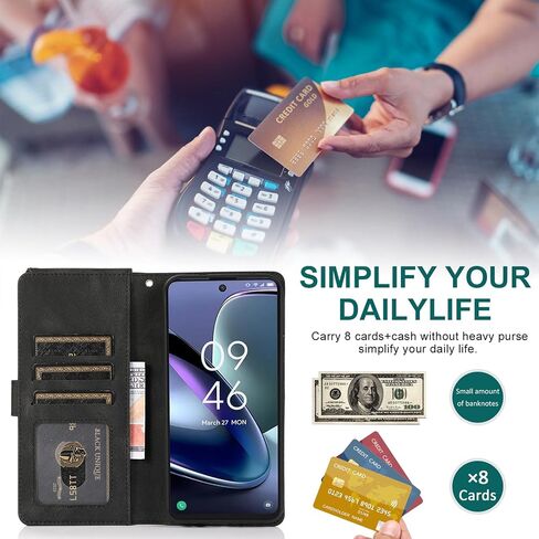 Asuwish Compatible with TCL 50XL 5G 2024 Wallet Case Tempered Glass Screen Protector and Zipper Wrist Strap Retro Leather Flip Cover Card Holder Stand Cell Accessories for TCL50 50 XL Women Men Black in Saudi Arabia