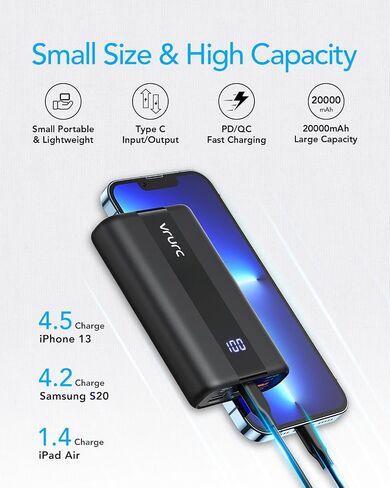 VRURC Portable Charger, 20000mAh Small Power Bank Fast Charging, PD & QC 3.0 Mini Travel Essentials Battery Pack,4 Outputs 3 Inputs Phone Charger for iPhone 16 15 14 13, Samsung, Android-Pure Black in Saudi Arabia