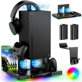 Upgrade Cooling Fan & Dual Charging Stand for Xbox Series X Console & Controller,Cooler Charger Station System for Series X with 15 RGB Lights,2 x 1400mAh Rechargeable Battery,Disc Accessories Storage