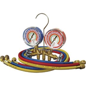 Mastercool 59161 Brass R410A, R22, R404A 2-Way Manifold Gauge Set with 3-1/8 Inch Gauges, 3-60 Inch Hoses and Standard 1/4 Inch Fittings