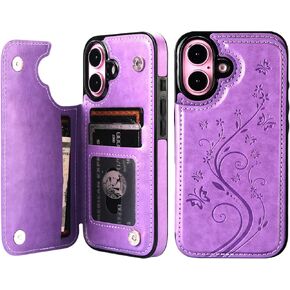 Vaburs Compatible with iPhone 16 Case Wallet with Card Holder,Embossed Butterfly Pattern PU Leather Double Buttons Flip Protective Shockproof Cover for Magnetic Car Mount 6.1 Inch (Purple)