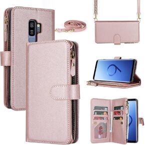 iCoverCase for Samsung Galaxy S9 Plus Wallet Case with Card Holder for Women, Crossbody Lanyard Strap Kickstand PU Leather Case with Zipper Pocket Credit Card Slots Cover (Black)