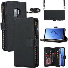 iCoverCase for Samsung Galaxy S9 Plus Wallet Case with Card Holder for Women, Crossbody Lanyard Strap Kickstand PU Leather Case with Zipper Pocket Credit Card Slots Cover (Black)