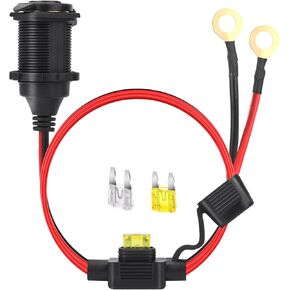 12V/24V Fixed Thread Cigarette Lighter Socket Extension Cable with Perforated Terminal, Direct Battery Type, car Cigarette Lighter Adapter. 14AWG 20A Heavy Duty Cable 10FT（Free Two Blade fuses）