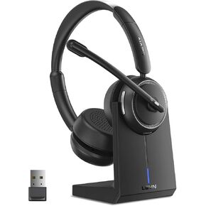 LEVN Wireless Headset, Bluetooth Headset with Noise Canceling Microphone & Charging Base, 65 Hrs Working Time 2.4G Headset with Microphone for PC/Laptop/Computer/Remote Work/Call Center/Zoom