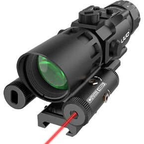 UUQ 4X32 Prism Optics Rifle Scope with Red Laser,Red Illuminated Reticle,Upgraded Buttons,and Glass Etched Reticle 4X Magnification-Fits 20mm Free Mounts