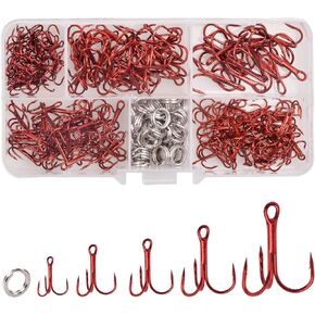 Treble Fishing Hooks Kit 200pcs Round Bend Treble Hooks Split Rings High Carbon Steel Fish Hook for Lures Baits Freshwater Saltwater Fishing