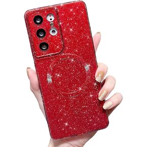 MINSCOSE for Samsung Galaxy S22 Ultra Magnetic Neon Phone Case[Compatible with Magsafe],Cute Bling Glitter Thin Slim Shockproof Sparkly Cover for Women Girl for Samsung Galaxy S22 Ultra 6.8"-Hot Pink