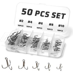 50Pcs Fishing Treble Hooks High Carbon Steel Fishing Hooks Classic Round Bend Triple Hooks Strong Sharp Treble Hooks