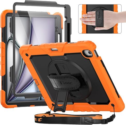 timecity for iPad Air 13 Inch Case M2 2024: with Strong Protection, Screen Protector, 360° Rotating Stand, Hand Strap, Shoulder Strap, Pencil Holder - Orange in Saudi Arabia