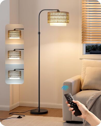 EDISHINE Modern Arc Floor Lamp with Beige Linen Drum Shade & Heavy Base, Dimmable Black Reading Light, Remote Control Bulb Included, Tall Standing Lamp for Reading, Office, Lighting in Saudi Arabia