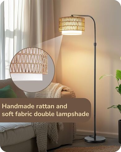 EDISHINE Modern Arc Floor Lamp with Beige Linen Drum Shade & Heavy Base, Dimmable Black Reading Light, Remote Control Bulb Included, Tall Standing Lamp for Reading, Office, Lighting in Saudi Arabia