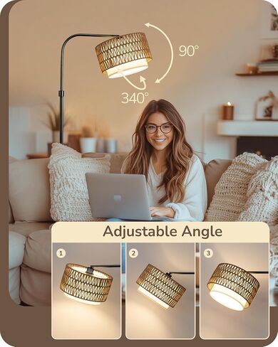 EDISHINE Modern Arc Floor Lamp with Beige Linen Drum Shade & Heavy Base, Dimmable Black Reading Light, Remote Control Bulb Included, Tall Standing Lamp for Reading, Office, Lighting in Saudi Arabia