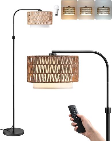 EDISHINE Modern Arc Floor Lamp with Beige Linen Drum Shade & Heavy Base, Dimmable Black Reading Light, Remote Control Bulb Included, Tall Standing Lamp for Reading, Office, Lighting in Saudi Arabia