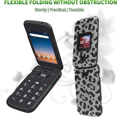 for Alcatel Go Flip 4 / TCL Flip Pro Phone Case with Tempered Glass Screen Protector, Dual Layer Anti-Scratch Shockproof Protective Slim Grid Texture Case for Women Man, Glitter Cow Print in Saudi Arabia