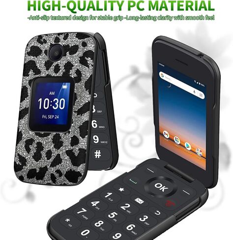 for Alcatel Go Flip 4 / TCL Flip Pro Phone Case with Tempered Glass Screen Protector, Dual Layer Anti-Scratch Shockproof Protective Slim Grid Texture Case for Women Man, Glitter Cow Print in Saudi Arabia