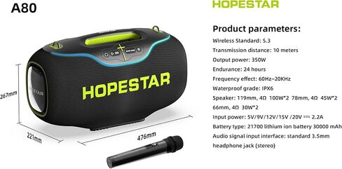 350W Wireless Bluetooth Speaker, 30000mAh Battery, RGB Lights, Mic with EQ & Volume Control, 10M Range Removable Battery, Hopestar Series (Black) in Saudi Arabia
