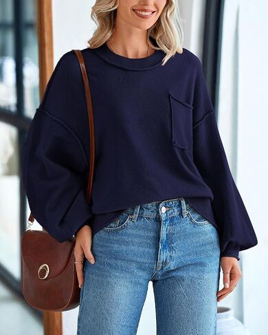 BTFBM Women's Oversized Lantern Long Sleeve Sweaters Casual Crewneck 2024 Fall Winter Outfits Ribbed Knit Pullover Tops in Kuwait