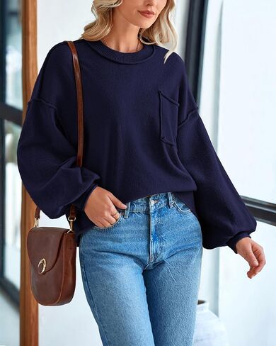 BTFBM Women's Oversized Lantern Long Sleeve Sweaters Casual Crewneck 2024 Fall Winter Outfits Ribbed Knit Pullover Tops in Kuwait