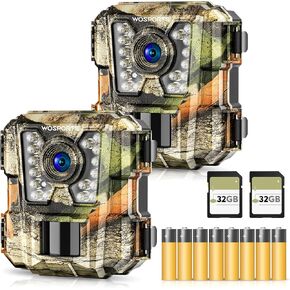 WOSPORTS Mini Trail Camera 2 Pack, 24MP 1080P HD Game Camera with SD Card and 8AA Batteries, Fast Trigger Time Infrared Night Vision Hunting Camera for Wildlife Monitoring