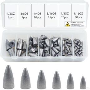 Bullet Fishing Weights Sinkers Kit, Bullet Slip Sinkers Fishing Weights Sinkers Fishing Worm Weights Assorted Kit for Bass Rig Fishing Saltwater