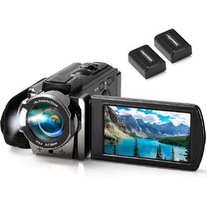 Video Camera Camcorder Digital Camera Recorder Full HD 1080P 15FPS 24MP 3.0 Inch 270 Degree Rotation LCD 16X Digital Zoom Camcorder Camera with 2 Batteries(Black)