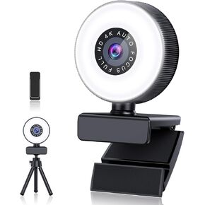 4K Webcam, HD Autofocus Webcam with Microphone, Adjustable Light Computer Camera with Privacy Cover and Tripod Stand, Plug and Play USB Webcam for Laptop Desktop Video Calling