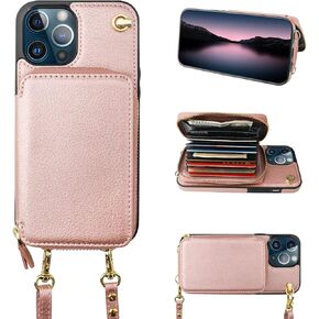 Bocasal Crossbody Wallet Case for iPhone 12 Pro Max, RFID Blocking Leather Purse Case with Card Holder, Protective Handbag Flip Cover with Zipper Wrist Strap Lanyard for Women 5G 6.7 Inch (Red)