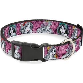 Buckle-Down Plastic Clip Collar - Princess Sketch Poses/Floral Collage Pinks/Grays - 1" Wide - Fits 11-17" Neck - Medium
