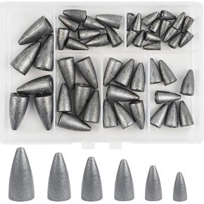 50pcs Bullet Fishing Weights Sinker Kit Worm Weights Slip Fishing Sinkers Sliding Weights for Bass Fishing Texas Rigs Freshwater Saltwater Fishing Tackle