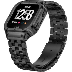 SUPLINK Stainless Steel Case & Band Compatible with Fitbit Versa 4 Bands/Versa 3/Versa/Versa 2 Watch bands Men,Protector Cover Strap for Fitbit Sense/Versa Lite/Fitbit Sense 2 Bands,Black