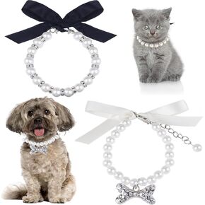 2 Pieces Cute Small Dog Cat Pearl Collars Necklace Set with Crystal Rhinestone for Puppy Kitten Wedding Birthday Party Black Bow Tie S