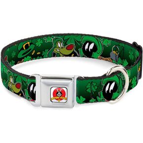 Dog Collar Seatbelt Buckle Marvin The Martian K 9 Poses Clovers Greens 18 to 32 Inches 1.5 Inch Wide