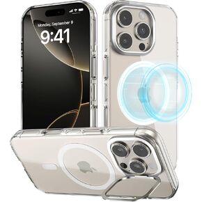 Designed for iPhone 16 Pro Max Case, MagSafe Compatible, Clear Slim Phone Case with Built-in Aluminum Alloy Stash Stand, Anti-Yellowing, Metal Buttons, All-Round Protection with Airbag Corners, Clear
