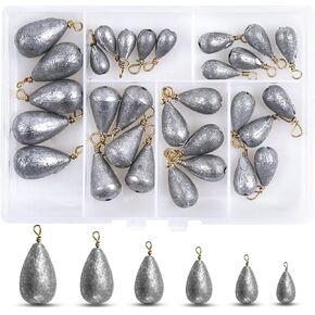 Fishing Weights Sinker Kit-30pcs Assorted Bass Casting Sinker Weights Bell Sinkers Drop Shot Weights with Brass Swivels for Saltwater Freshwater Fishing