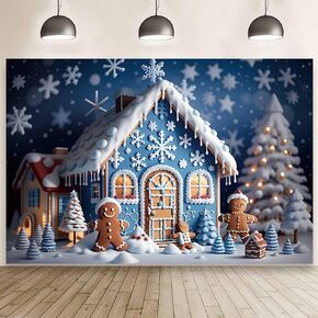 MEHOFOND 7x5ft Winter Gingerbread House Photography Background, Christmas Snowflake Pine Tree Merry Xmas Party Decorations, Blue Cookie House Gingerbread Man Baby Shower Birthday Banner, Photo Props