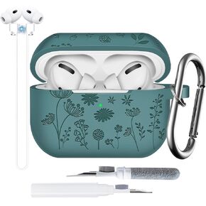 Flower Engraved Case for AirPods Pro 2nd/1st Generation Case Cover - 4 in 1 Magnetic Straps Lanyard Cute Two-Tone Floral Soft Silicone Cover for AirPods Pro Case Cleaner Kit for Women Gift PineGreen