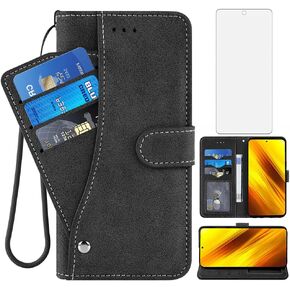 Asuwish Compatible with Xiaomi Poco X3 Pro/PocoX3 NFC/Poco X3 Wallet Case Tempered Glass Screen Protector Flip Credit Card Holder Stand Cell Phone Cover for Mi PocoX3NFC Pocco X 3 3X PocoX3Pro Blue