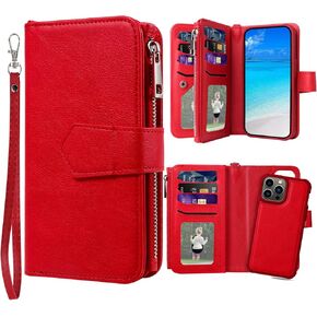 Case for iPhone 13 Pro, 2 in 1 Magnetic Detachable Wallet Case, PU Leather Phone Case Cover with Card Holder for iPhone 13 Pro, Red