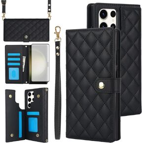 Asuwish Phone Case for Samsung Galaxy S22 Ultra 5G Wallet Cover with Screen Protector and Flip RFID Card Holder Slot Stand Wrist Strap Cell Mobile S22ultra 22S S 22 S22ultra5g 6.8 Women Men Black
