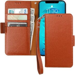 Bocasal Wallet Case for iPhone 14 Pro 5G, Genuine Leather Support Wireless Charging RFID Blocking Flip Case Card Slots Holder, Kickstand Book Folding Folio Cover with Wrist Strap 6.1 Inch(Brown)