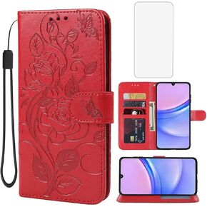 for Galaxy A15 5G Case, Samsung A15 5G SM-A156U Wallet Case with Tempered Glass Screen Protector, Leather Flip Case Credit Card Holder Stand Phone Cover for Samsung Galaxy A15 5G Rose Gold