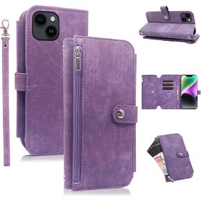 Compatible with iPhone 14 Plus 6.7 inch Wallet Case 9 Card Slots Retro Leather Flip Credit Card Holder Cell Phone Cover for i-Phone 14+ iPhone14Plus 5G i i14 + iPhone14 14Plus Women Men Purple