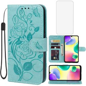 Case for Redmi 9C/Redmi 10A/Redmi 9C NFC/Poco C31 Wallet Case with Tempered Glass Screen Protector, Flower Leather Flip Credit Card Holder Stand Phone Cover Cases for Xiaomi Redmi 9C Rose Gold